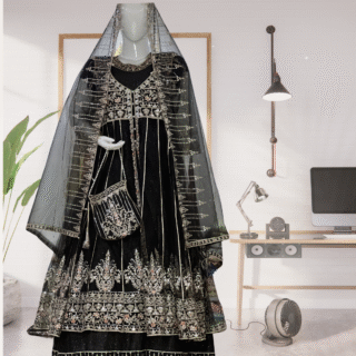 Elegant Net Gown Maxi with Net Dupatta, Plain Trouser & Matching Pouch – 4 Piece Readymade Set