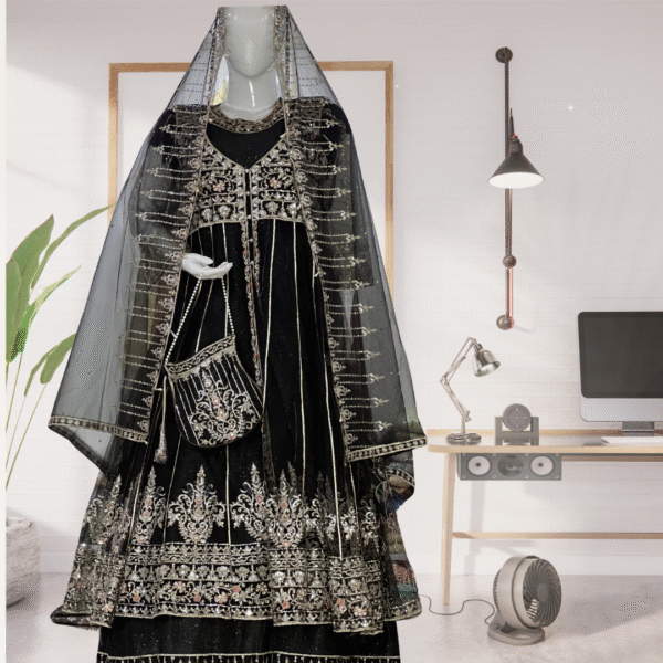 Elegant Net Gown Maxi with Net Dupatta, Plain Trouser & Matching Pouch – 4 Piece Readymade Set